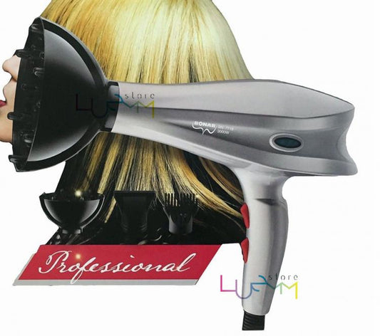 Phon Asciugacapelli Professionale 3000W Con Triplo Diffusore E Pettine Coiffeur