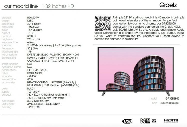Graetz Tv Led 32" Gr32E6800 Hd Ready Dvb-T2 Televisore 32 Pollici Usb Pc Smart