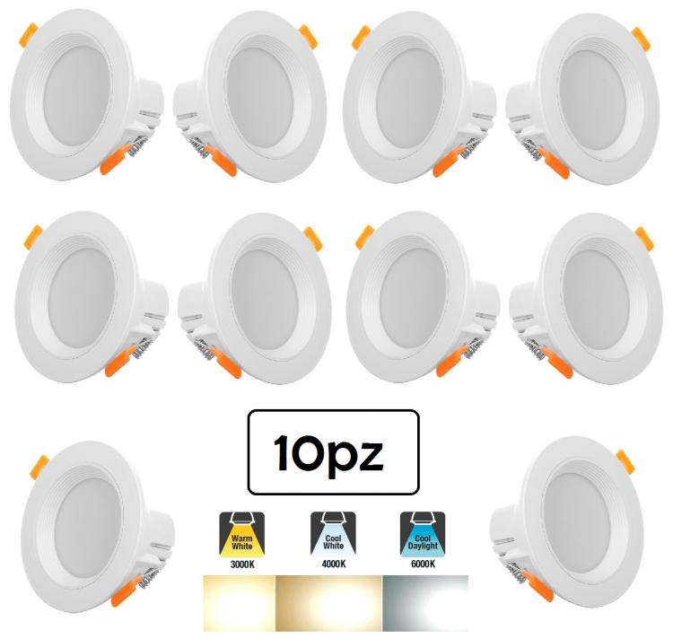10x FARETTO INCASSO LED 5W 3in1 LUCE BIANCA FREDDA NATURALE CALDA SOFFITTO MOLLA