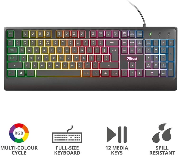 Trust Tastiera Basic Gaming Led Keyboard Retroilluminata Multicolore Pc Da Gioco