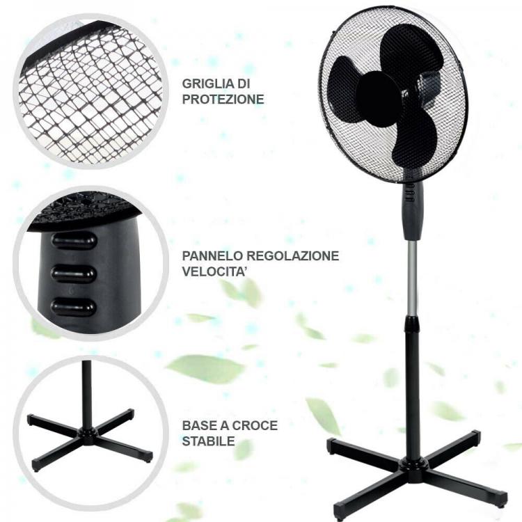 Ventilatore A Piantana Silenzio 45W Pala 40Cm 3 Velocita Altezza Regolabile Nero