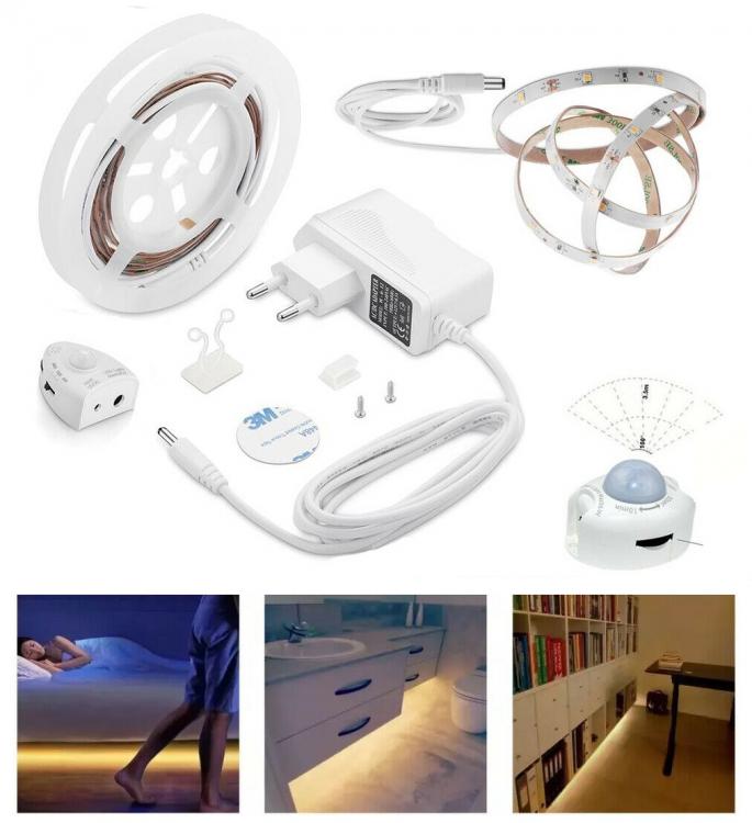 Striscia Led Con Sensore Di Movimento Luce Bianca 6000K Armadio Letto 12V Armadi