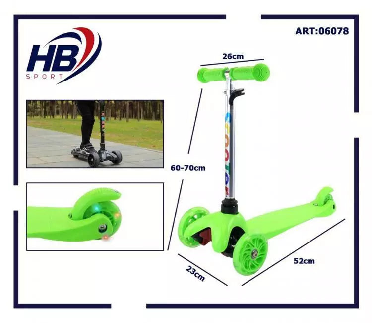 Monopattino 3 Ruote Per Bambino/Bambina Altezza Regolabile Freno e Luci (Verde)