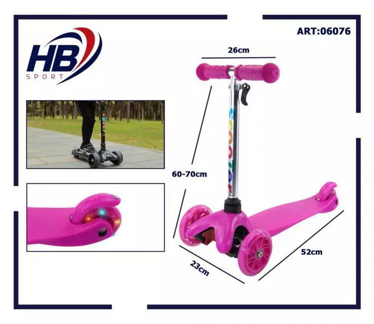 Monopattino 3 Ruote Per Bambino/Bambina Altezza Regolabile Freno Luci (Fucsia)