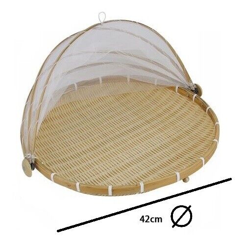Set 3Pz Coprivivande A Rete Con Vassoio Fatto A Mano In Bambù Da 30Cm-35Cm-42Cm