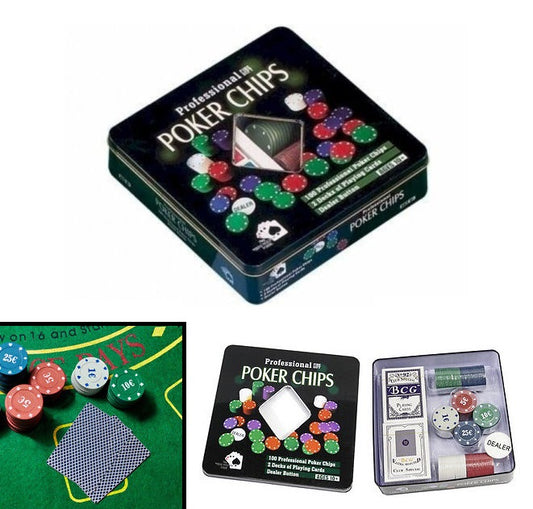 Set Completo 100 Fiches Texas Hold'Em-Poker Blackjack 2 Mazzi Carte Gioco Tavolo