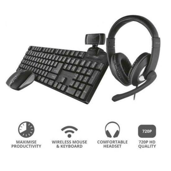 Kit Trust 4 In 1 Tastiera Mouse Webcam Cuffie Qoby Home Office Set Completo