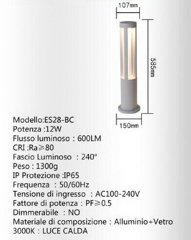 Lampione Giardino Lampada 12W Led Per Esterno Grigio Lampioncino Luce Calda Es28