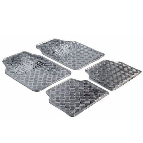Set 4 Tappetini Tappeti Auto Universali Gomma Effetto Metallo Cromato (Argento)
