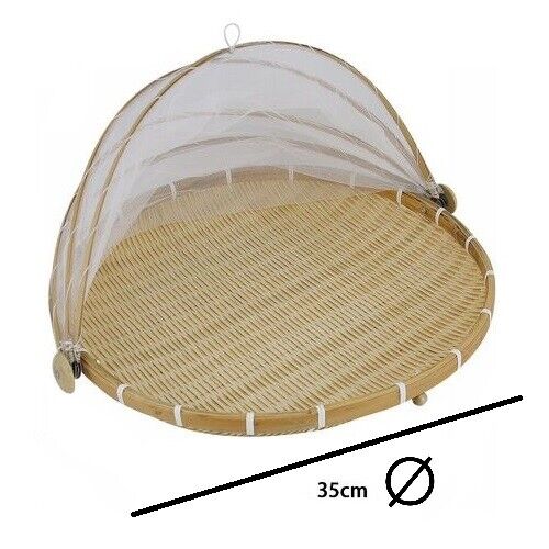 Set 3Pz Coprivivande A Rete Con Vassoio Fatto A Mano In Bambù Da 30Cm-35Cm-42Cm