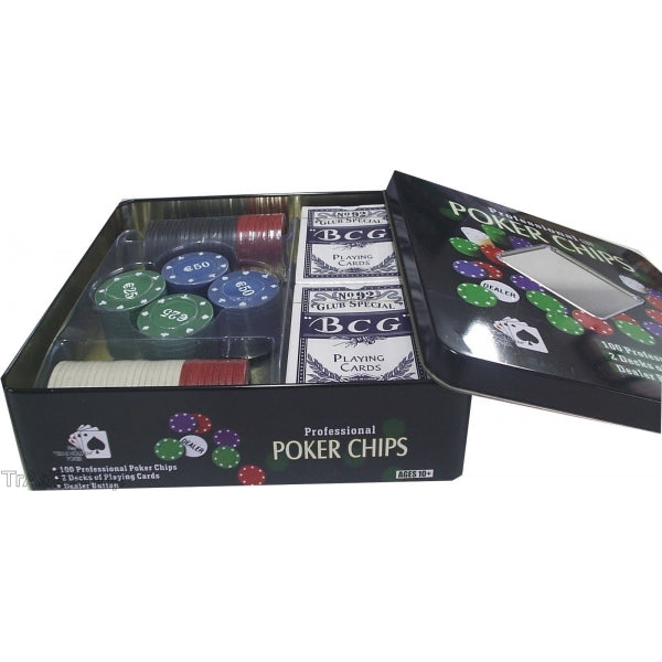 Set Completo 100 Fiches Texas Hold'Em-Poker Blackjack 2 Mazzi Carte Gioco Tavolo