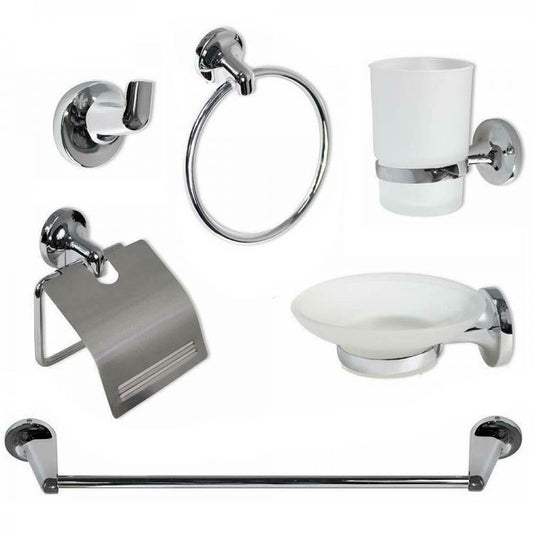 Set Bagno Moderno In Acciaio Cromato E Vetro Satinato 6Pz Accessori Arredo 69984