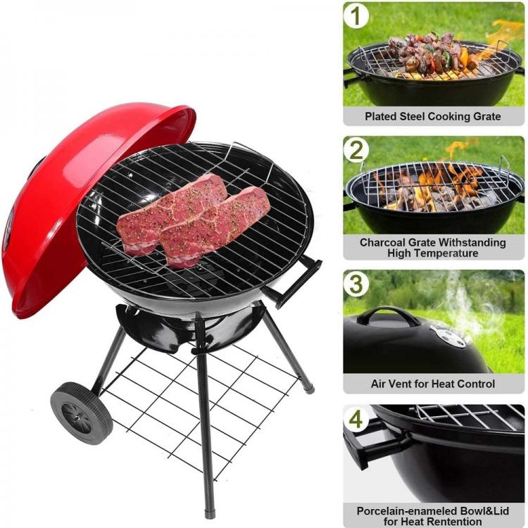 BBQ BARBECUE TONDO A CARBONELLA LEGNO GRILL GIARDINO CON COPERCHIO RUOTE GRIGLIA