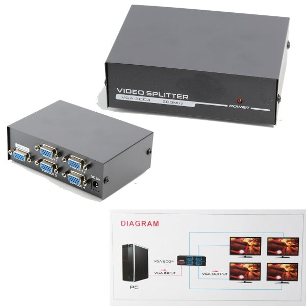 Switch Splitter Sdoppiatore Vga 4 Porte Uscita 200Mhz Monitor Pc Commutatore Led