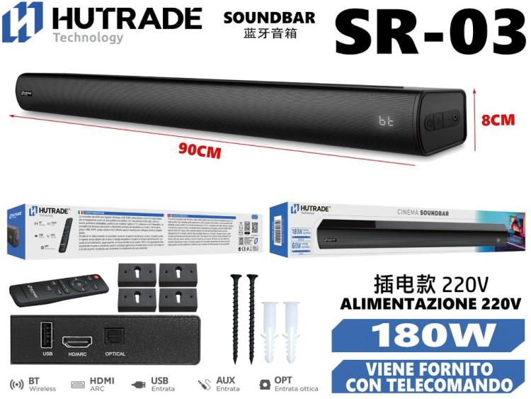 Hutrade Sr03 Soundbar Tv 180W 220V Wireless Bt Hdmi Aux Ottica 60W + Telecomando