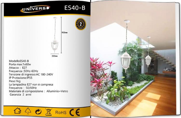 Lanterna Da Soffitto Sospensione  Con Catena Lampada Giardino Attacco E27/Bianco