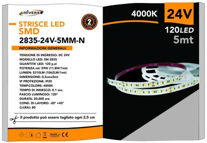 Strip 5M Striscia 600 Led 2835 61W 24V Bobina 5 Mt Biadesiva Luce Naturale 4000K