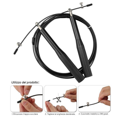 CORDA SALTO PER SALTARE PRO ACCIAIO PVC CARDIO MMA CROSSFIT BOXING FITNESS NERO