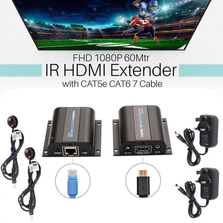 Extender Hdmi 1080P Full Hd 3D Su Cavo Lan Rj45 60 Metri Con Estensore Ir Pc Ps4