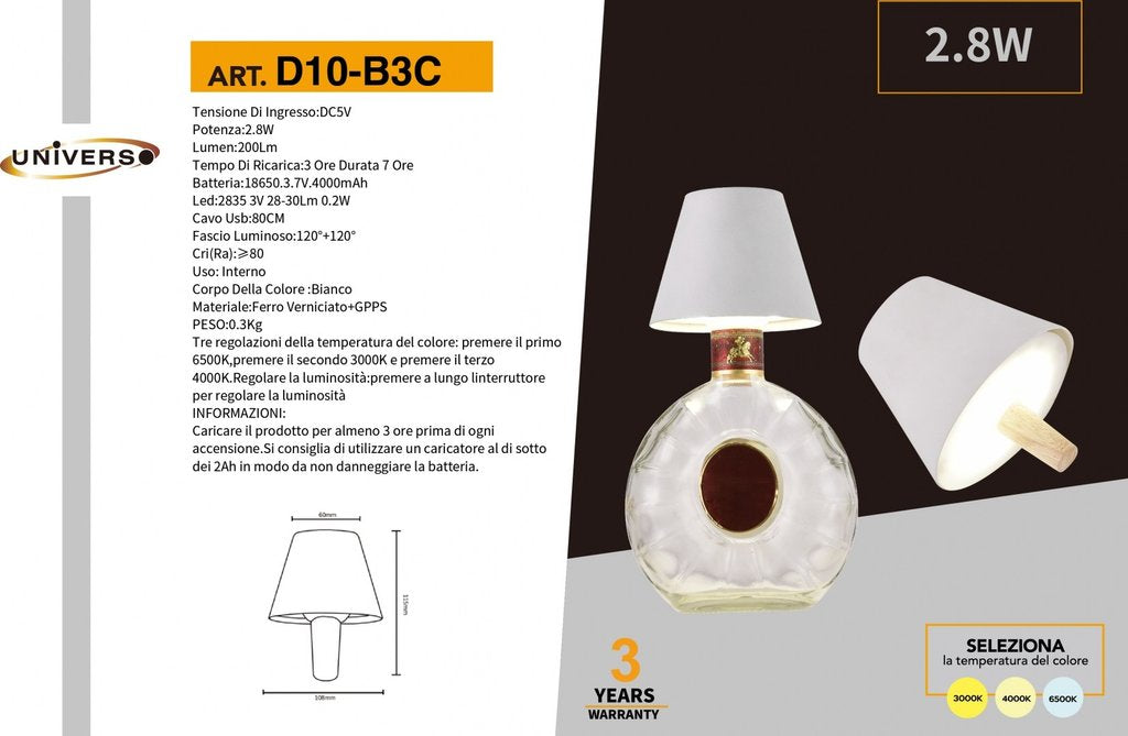 Universo Lampada Led Ricaricabile da Tavolo per Bottiglie Colore Luce Selezionabile CCT 3in1 (Luce Fredda, Naturale e Calda)