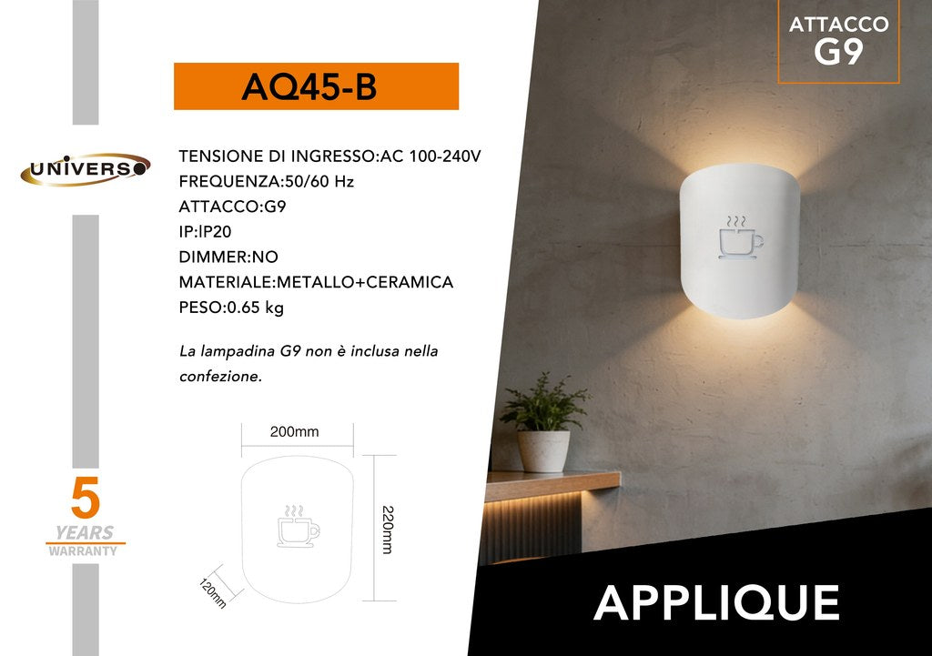 Universo - Applique da Parete Decorativo a Forma di (Tazza Caffè) - Lampada da Muro in Metallo con Attacco E27 per Arredo Casa, Cucina, Bar, Ristorante, Caffetteria, B&B - Bianco
