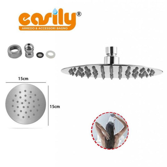Soffione Doccia Bagno Acciaio Inox Design Ultra Slim Lucido Cromato 15Cm-Rotondo