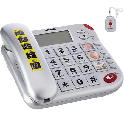 BRONDI SUPERBRAVO PLUS ARGENTO TELEFONO FISSO ANZIANI TELECOMANDO SOS EMERGENZA
