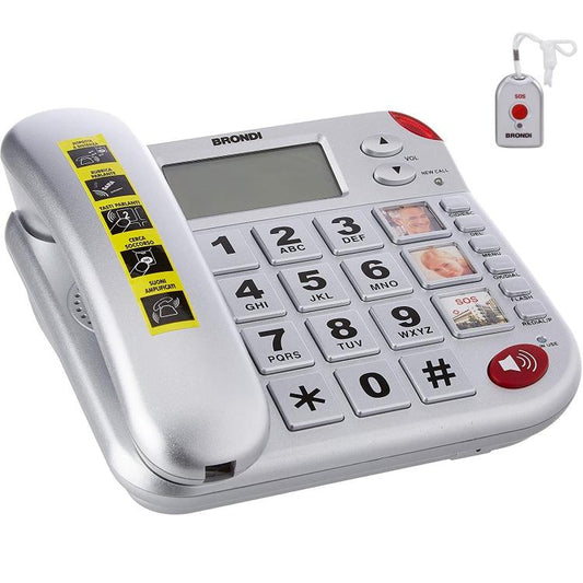BRONDI SUPERBRAVO PLUS ARGENTO TELEFONO FISSO ANZIANI TELECOMANDO SOS EMERGENZA
