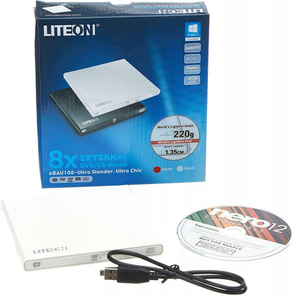 Liteon Masterizzatore Lettore Dvd Rw Cd Esterno Portatile Usb 2.0 Bianco Ebau108