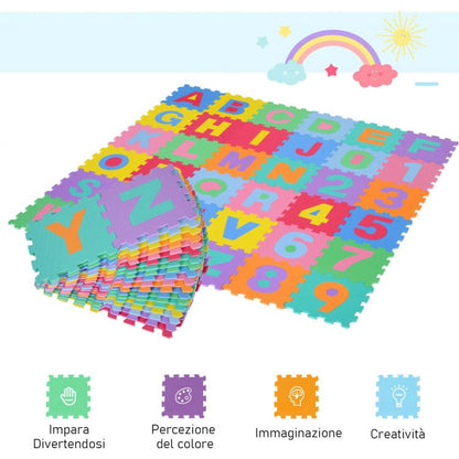 Tappeto Puzzle Bambini 36Pz Gioco Tappetino Morbido Numer Lettere Alfabeto Gomma