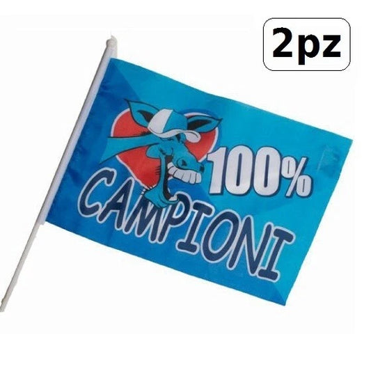 2x Bandiera Con Asta Tifoso Napoli 100% Campioni D'Italia Scudetto Asola 40x60cm