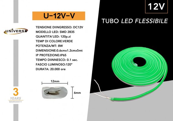 Kit 5M Striscia Strip Flex Led Bobina Neon Flessibile Tubo Esterno Verde