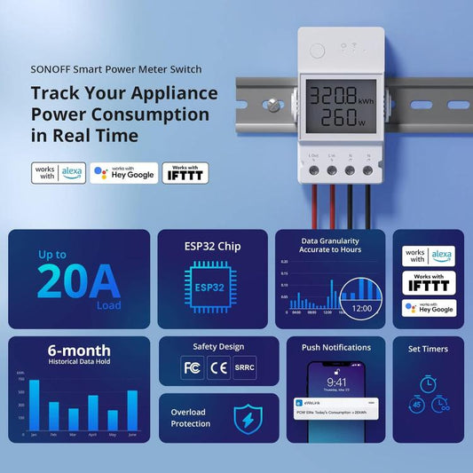 Sonoff Powr320D Elite Lcd Wifi Smart Switch 20A Misuratore Potenza Consumi Alexa