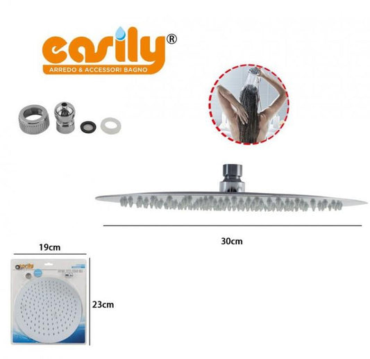 Soffione Doccia Bagno Acciaio Inox Design Ultra Slim Lucido Cromato 30Cm-Rotondo