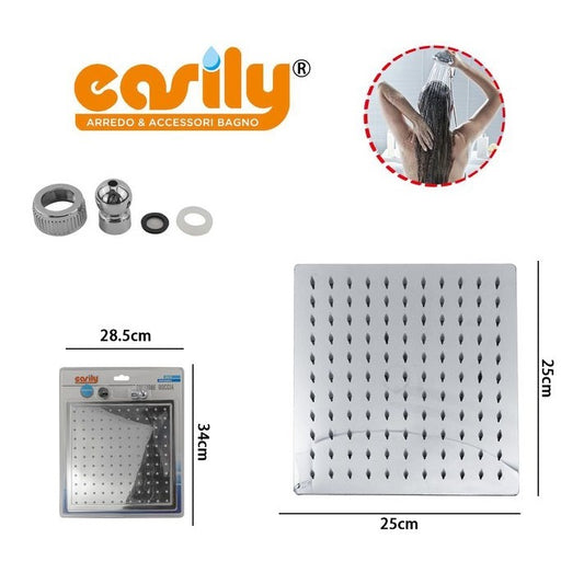 Soffione Doccia Bagno In Acciaio Inox Ultra Slim Lucido Cromato 25Cm-Quadrato