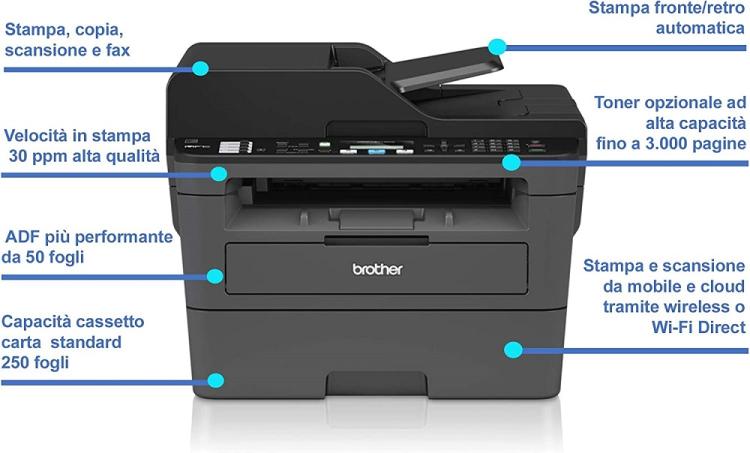 BROTHER MFC-L2710DW STAMPANTE LASER MULTIFUNZIONE FAX WIFI 30PPM BIANCO E NERO