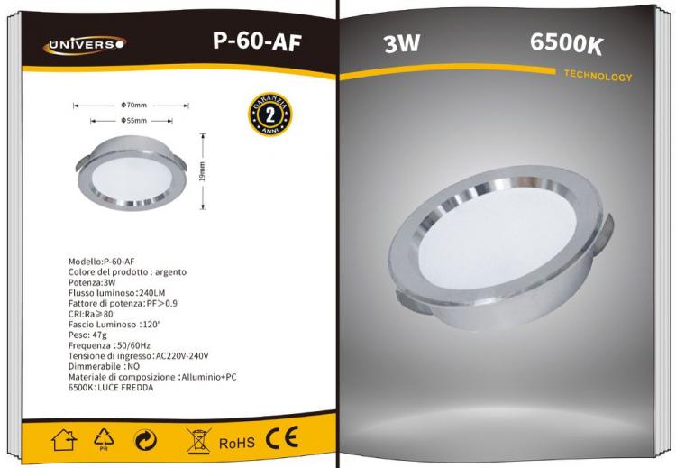 Faretto Led Rotondo Slim 3W 240Lm Da Incasso Opaco Luce Bianca Fredda Un-P60Af