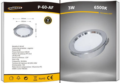 Faretto Led Rotondo Slim 3W 240Lm Da Incasso Opaco Luce Bianca Fredda Un-P60Af