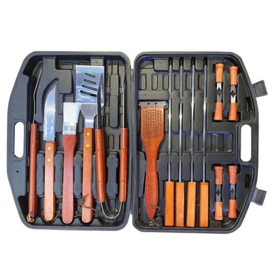 Set Accessori Barbecue 18Pz Con Valigetta Kit Utensili Bbq Legno Griglia Posate
