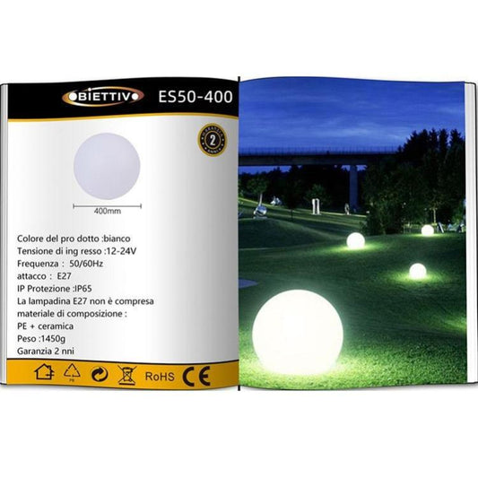 Lampada Sfera Da Giardino Ø 40Cm Luce Esterno Palla Terra E27 Bianco + Picchetti