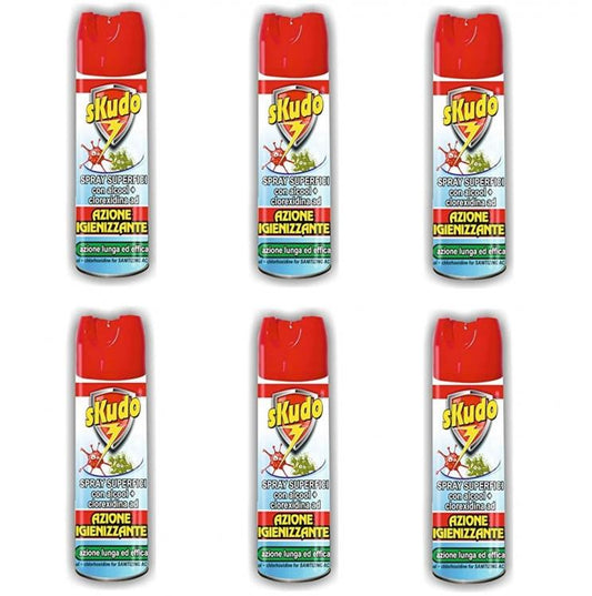 6 SKUDO SPRAY SUPERFICI CON ALCOOL CLOREXIDINA SGRASSATORE IGIENIZZANTE AMBIENTI