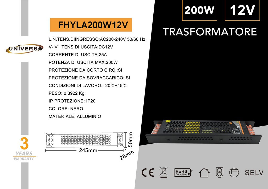 ALIMENTATORE SLIM STABILIZZATO 12V 200W TRASFORMATORE 25MHA PER TELECAMERE E LED