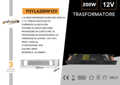 ALIMENTATORE SLIM STABILIZZATO 12V 200W TRASFORMATORE 25MHA PER TELECAMERE E LED