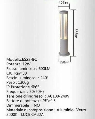 Lampione Giardino Lampada 12w Led Terra Esterno Lampioncino Bianco Caldo Es28