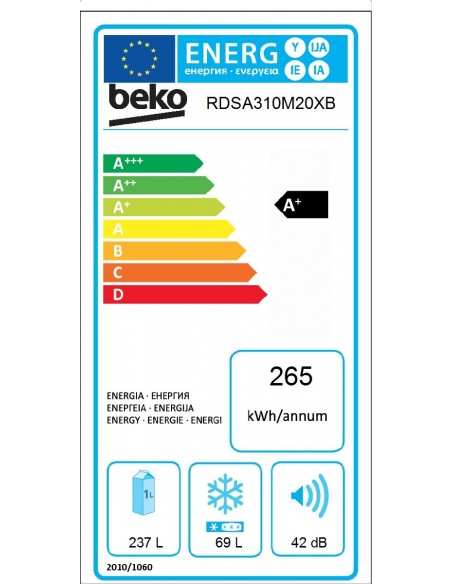 BEKO FRIGO DOPPIA PORTA STATICOVENTILATO 310LTA+ CONGELATORE SILVER RDSA310M20XB