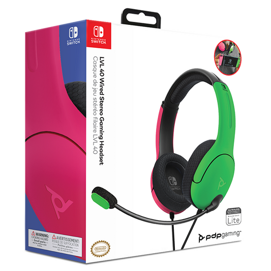 CUFFIE PDP NINTENDO SWITCH UFFICIALI CONTROLLER LVL40 WIRED HEADSET PINK/GREEN