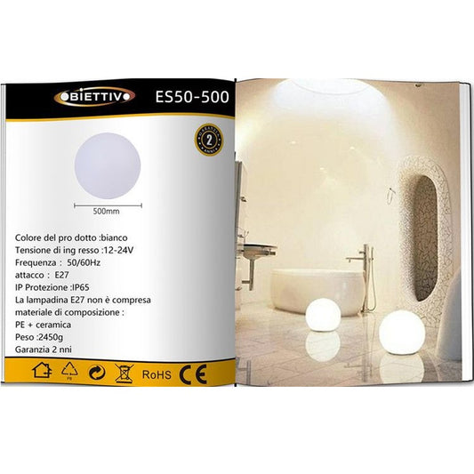 Lampada Sfera Da Giardino Ø 50Cm Luce Esterno Palla Terra E27 Bianco + Picchetti