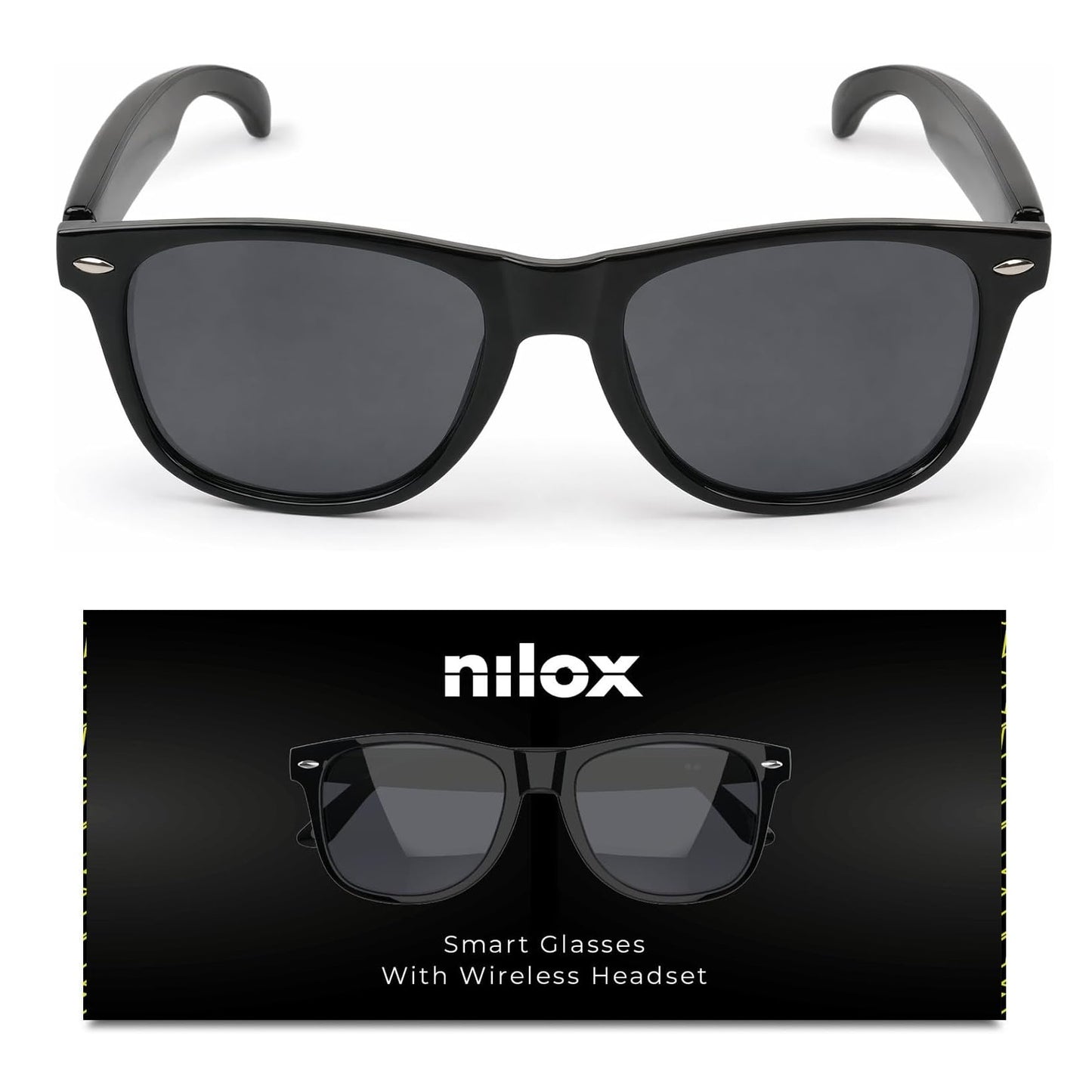 Nilox Occhiali Smart Audio Open-Ear con Altoparlanti Integrati, Controllo Vocale Siri e Google, Autonomia 5 Ore, Filtro Luce Blu, Design Leggero e Impermeabile IPX4