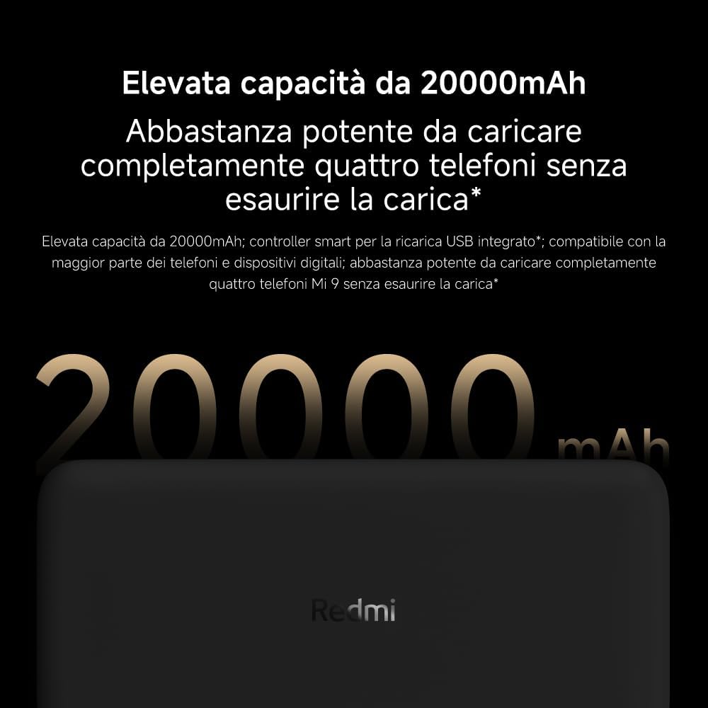 Xiaomi Redmi PowerBank 20000 mAh Fast Charge Black Ricarica Rapida comp. iPhone