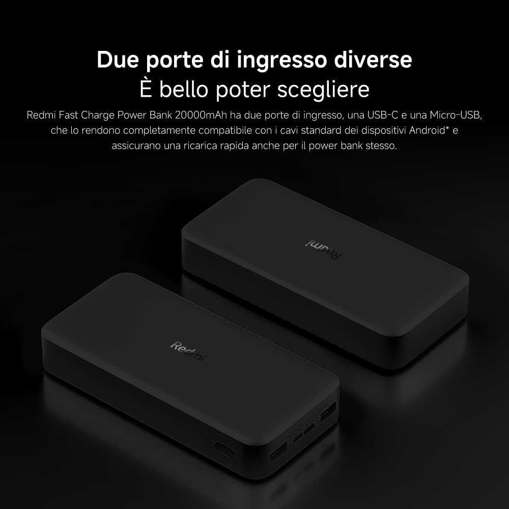 Xiaomi Redmi PowerBank 20000 mAh Fast Charge Black Ricarica Rapida comp. iPhone